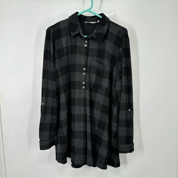 Soft Surroundings Black and Gray Check L/S Soft Flannel Popover - Picture 1 of 10